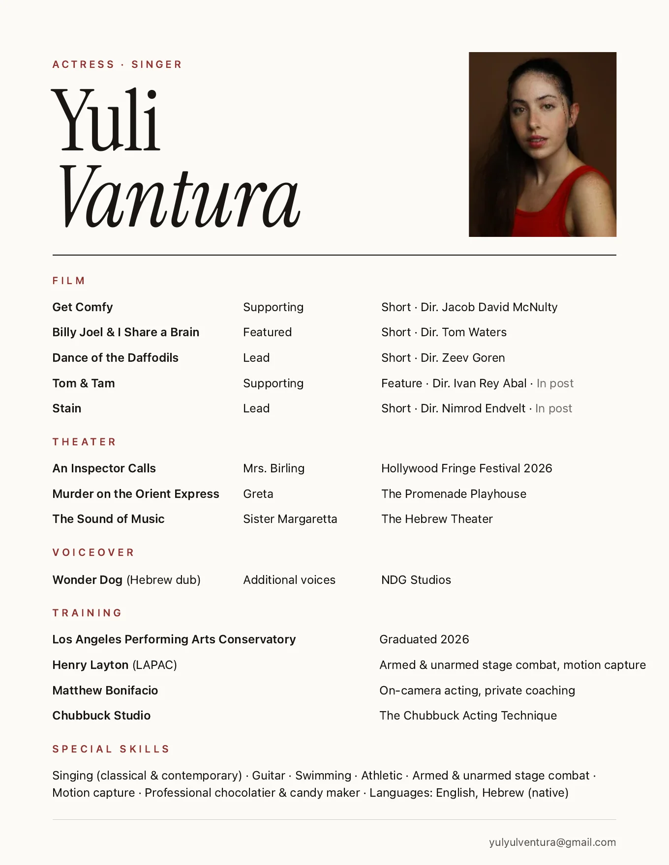 Yuli Vantura one-page acting résumé